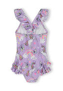 Lilac one-piece girls swimsuit with unicorn and rainbow print, elastic straps, and ruffle details for kids fashion.