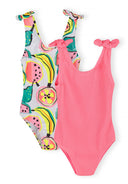 Two girls sleeveless swimsuits with knotted shoulder straps, one solid pink and one colorful fruit print design.