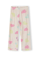 Girls soft pajama pants with colorful heart design in pastel shades, perfect for kids' sleepwear.