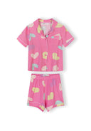 Pink short sleeve girls pajamas with colorful heart design, soft breathable fabric for kids aged 3-15 years