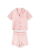 Pink and white striped satin kids pajama set with button front top and elastic waist shorts, soft and comfortable design.