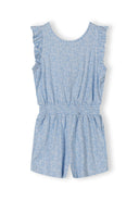 Light blue floral sleeveless jumpsuit for girls with ruffle details and gathered waist design.