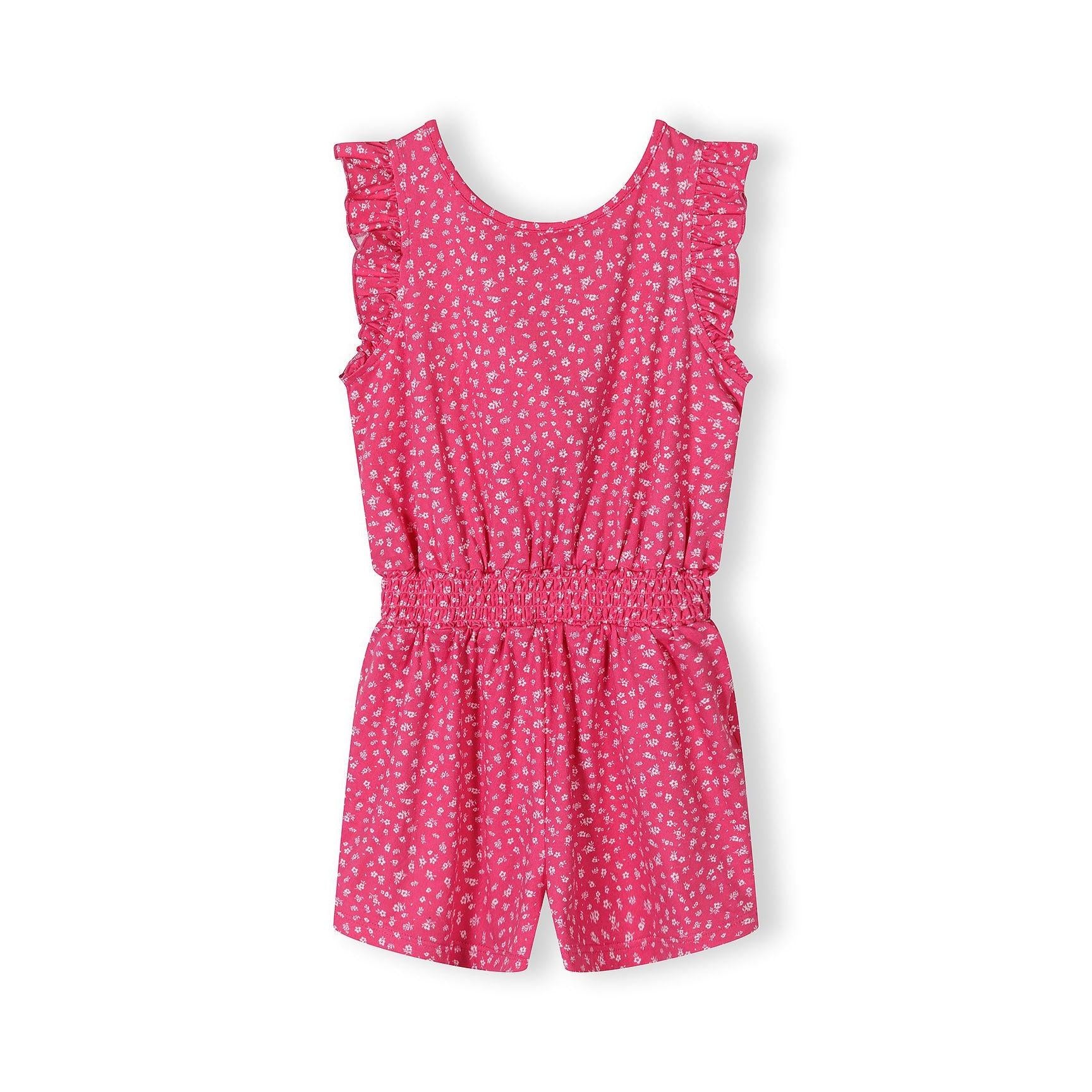 Pink floral jumpsuit with ruffled sleeves and shorts length, displayed flat on white background