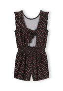 Black floral print short jumpsuit for girls with ruffled sleeves and a front tie detail design