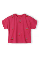 Girls pink cotton t-shirt with embroidered cherry design, short sleeve and crew neck, perfect for kids fashion.
