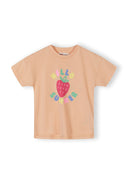 Apricot cotton kids t-shirt with colorful fruit design and playful "Hello Summer" text for girls.
