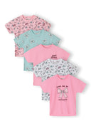Five colorful cotton t-shirts for girls featuring bow prints and playful design elements in pink, blue, and white.