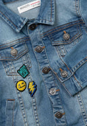 Boys denim jacket with badge decorations light blue 1-8y featuring stylish embroidered badges and durable denim fabric. 