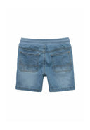 Boys denim shorts adjustable waist light blue 1-8y with rolled-up hems and two back pockets. Soft denim fabric for comfort.
