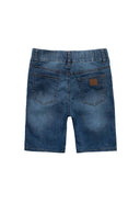 Boys denim shorts elasticated waistband light blue 3-14y. Back view showcasing elastic waistband, two back pockets, and soft denim fabric.