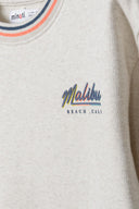 Boys crew sweatshirt with chest print beige 1-8y featuring vibrant 'Malibu Beach Cali' embroidery and soft fleece fabric.