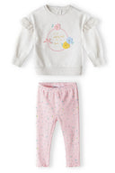 Girls sweatshirt and ribbed legging set frill beige 3m-3y. Soft fleece top with frill sleeves and floral print paired with pink printed leggings.