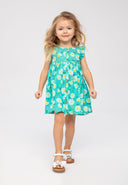 Girls dress frilled sleeves floral green 3m-3y made from soft woven fabric featuring a bright floral print. It is perfect for summer.