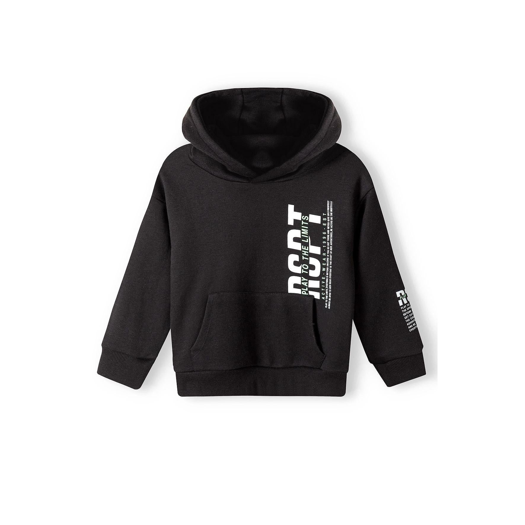 Back view of black fleece hoodie laid flat showing hood design and sleeve print details on white background