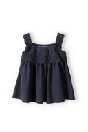 Girls two-piece set broderie frill top heart print leggings grey 3m-3y. Dark navy top with broderie frill and shoulder straps. Comfortable fit.