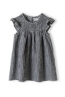 Girls smock dress frilled sleeves grey 3m-3y with delicate frilled sleeves and monochrome gingham pattern. Soft woven fabric.  