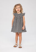 Girls smock dress frilled sleeves grey 3m-3y with soft woven monochrome gingham pattern and shirred neckline.  