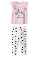 Girls two-piece frill top with spotty leggings light pink 3m-3y. Light pink top with frilled sleeves and zebra print, matching black and white spotty leggings.