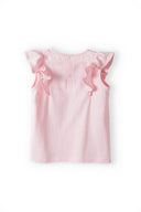 Light pink girls two-piece frill top with ruffled short sleeves and button closure, perfect for ages 3m-3y.