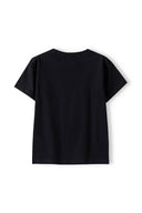 Boys t-shirt graphic crew neck black 3-14y, solid black color, relaxed fit with drop shoulder short sleeves. Comfort designed for active boys.