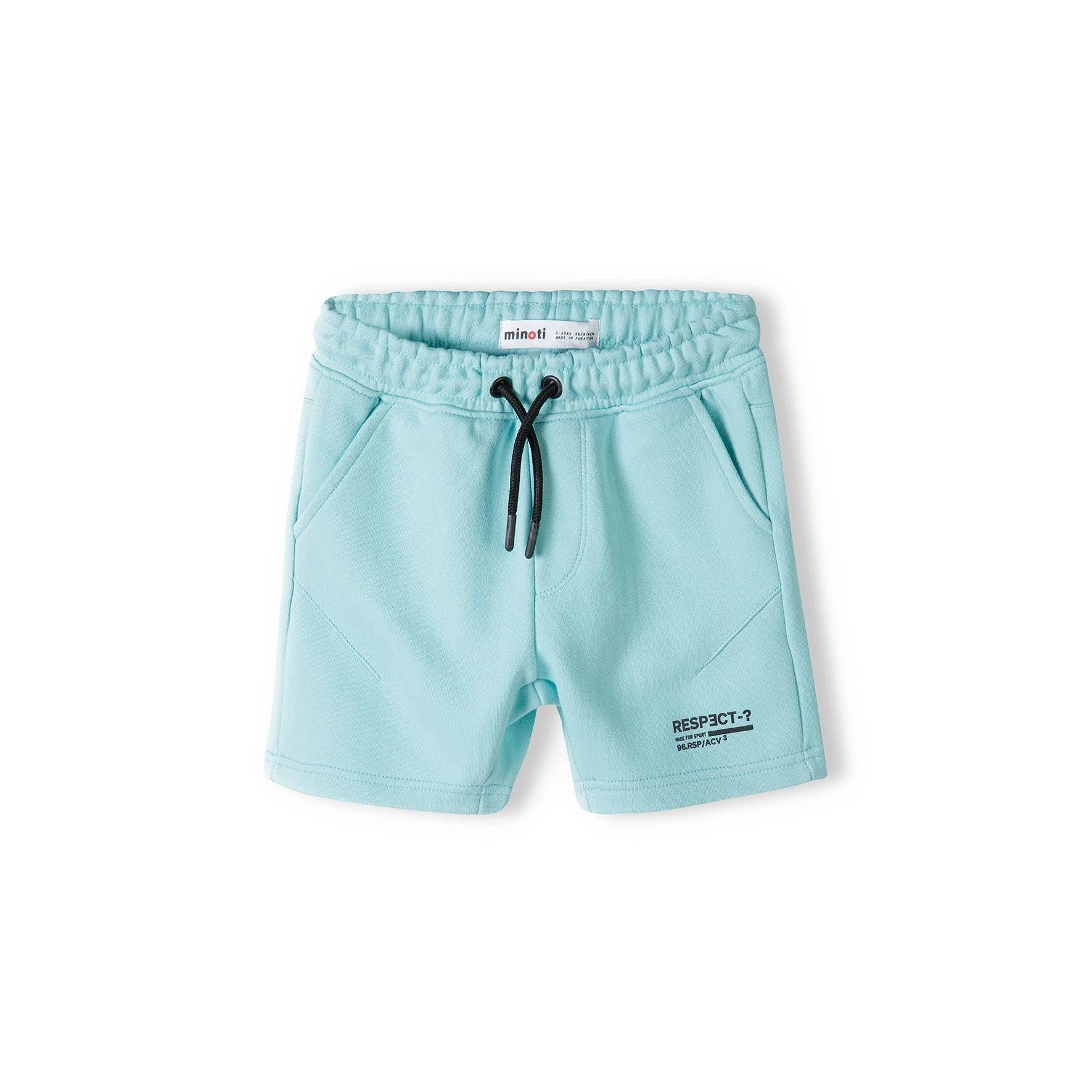 Back view of turquoise fleece shorts laid flat showing zip back pocket, elasticated waistband and overall construction details
