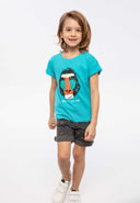 Boys t-shirt oversized slub turquoise 1-8y with distressed puff print design. Lightweight fabric ensures summer comfort.