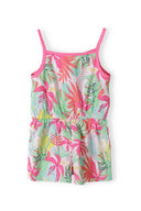 Girls playsuit tropical print multicoloured 1-8y with vibrant pink and green floral patterns, lightweight material for comfort and ease.