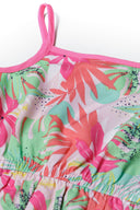 Girls playsuit tropical print multicoloured 1-8y with vibrant pink and green tropical leaves and a relaxed elastic waist. 