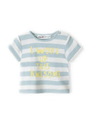 Striped short sleeve t-shirt in light blue with yellow print for babies, size 0-12m. Soft cotton material for comfort.
