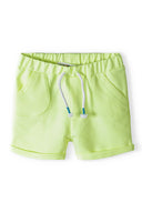 Bright yellow fleece shorts featuring an elasticated waistband and drawcord ties. Boys t-shirt and fleece shorts set all-over print yellow 3m-3y.