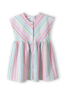 Girls dress striped multicoloured 1-8y with vibrant pastel stripes, lightweight cotton fabric, and button-up front. It features grown-on short sleeves for comfort.