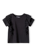 Girls jersey top with frills and pearls black 3-14y. Lightweight black top featuring short frilled sleeves and pearl details. Comfort fit.