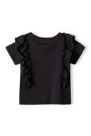 Girls jersey top with frills and pearls black 3-14y featuring decorative frills and a soft, breathable fabric. Perfect for spring and summer.