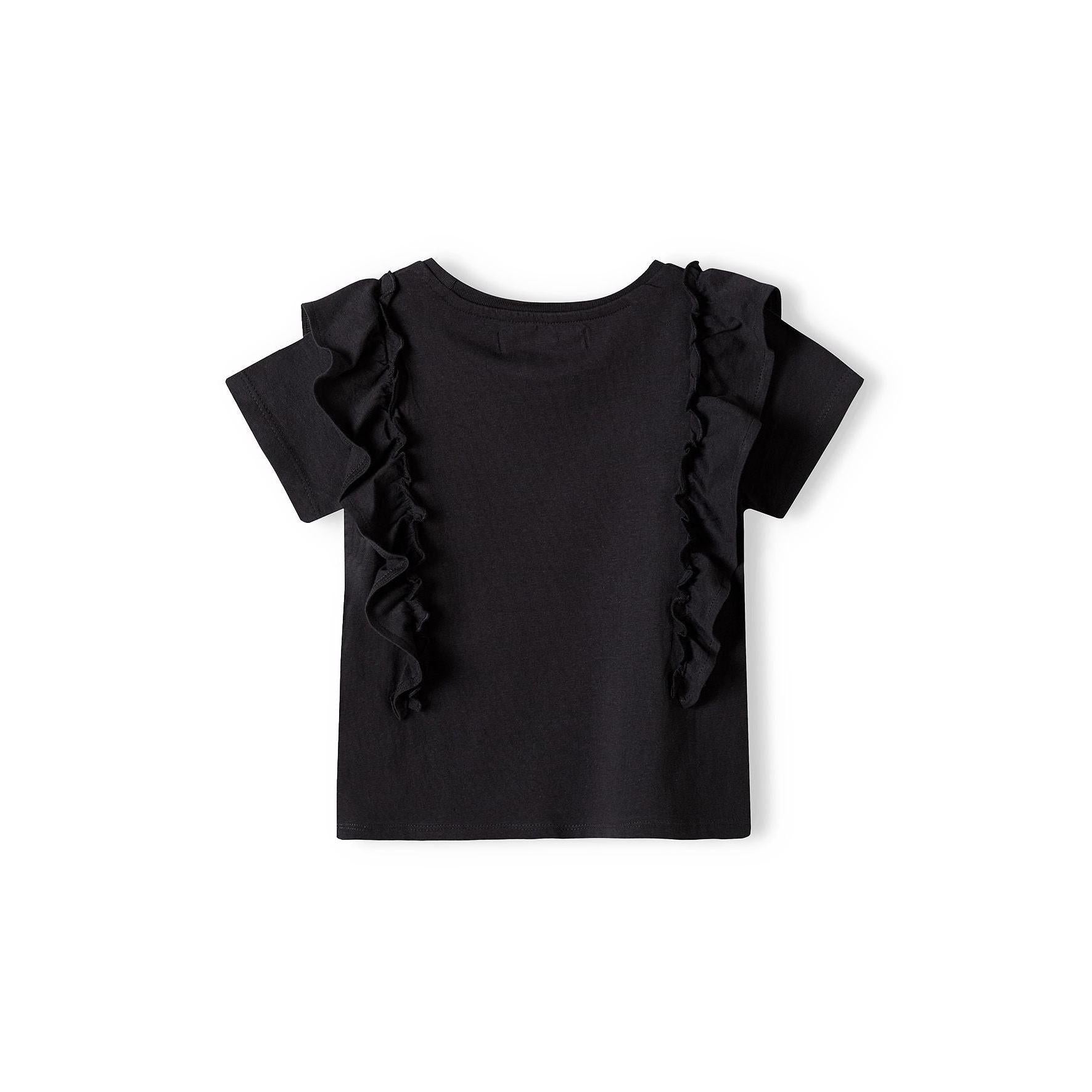 Back view of black jersey top showing ruffle trim running down both sides on white background