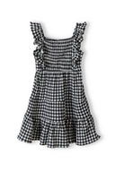 Girls dress check tiered black 3-14y featuring a ruffled neckline and checkered pattern. Lightweight material for comfort.