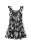 Girls dress check tiered black 3-14y with frilled sleeves and lightweight fabric, perfect for casual warm-weather outings.