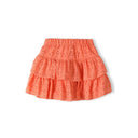 Girls coral broderie anglaise tiered skirt with frill hems and elasticated waistband.