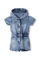 Girls denim hooded playsuit acid wash navy 3-14y featuring soft denim fabric, elasticated waistband, and attached hood. Suitable for casual wear.