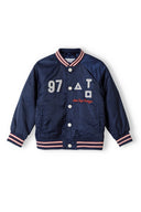 Boys satin bomber jacket with applique blue 3-14y featuring navy color, ribbed collar, and sporty varsity style. Crafted for casual wear.