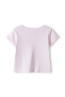 Girls t-shirt 2 pack fruit print turquoise 0-12m, back view with pink stripes, short sleeves, casual wear for infants.