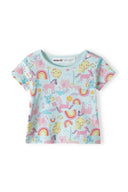 Girls t-shirt 2 pack fruit print turquoise 0-12m with vibrant unicorn prints, clouds, and rainbows on a soft blue background.