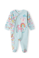 Babies sleepsuit front poppers turquoise 0-12m featuring colorful unicorn and rainbow designs. Soft, cozy fabric for comfort.