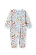 Fun unicorn and rainbow print baby sleepsuit with long sleeves and snug cuffs. Ideal for girls aged 0-12m. Perfect for cozy comfort.