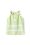 Girls tie dye rib vest lime green 3-14y with a halter neck, featuring a vibrant 'Good Vibes' print. Soft stretchy fabric for comfort.