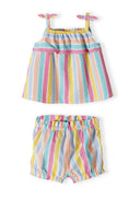 Girls two-piece set with bow tie multicoloured 3m-3y, featuring multicoloured striped strap top and shorts. Comfortable fit.