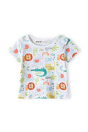 Colorful baby short sleeve t-shirt with playful animal prints, soft cotton fabric, suitable for ages 0-12 months.