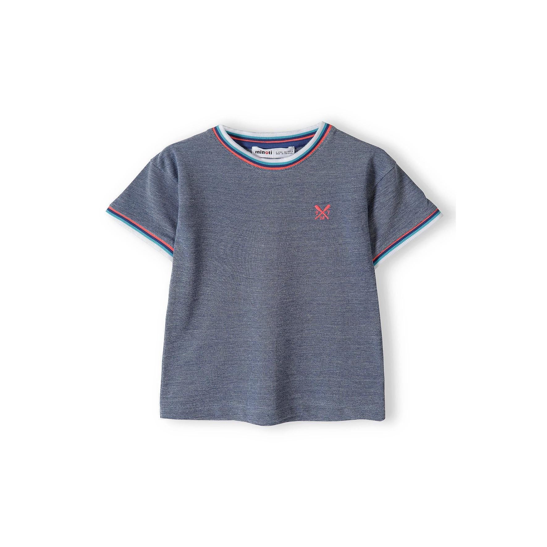 Flat lay of blue pique t-shirt showing back view with contrast trim at neckline and sleeves