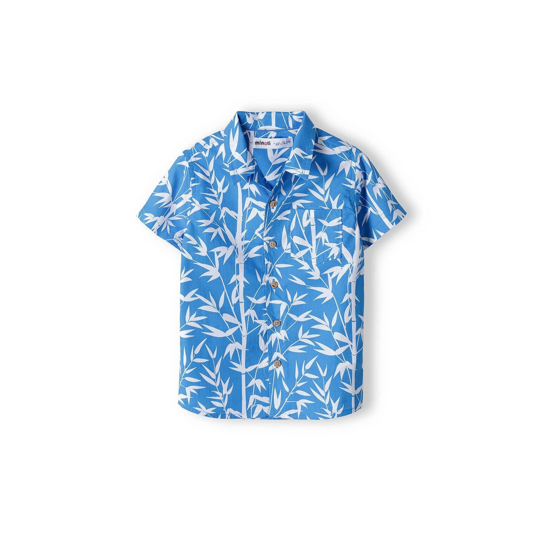 Blue poplin shirt with white bamboo print displayed flat on white background, showing front view with collar and button closure
