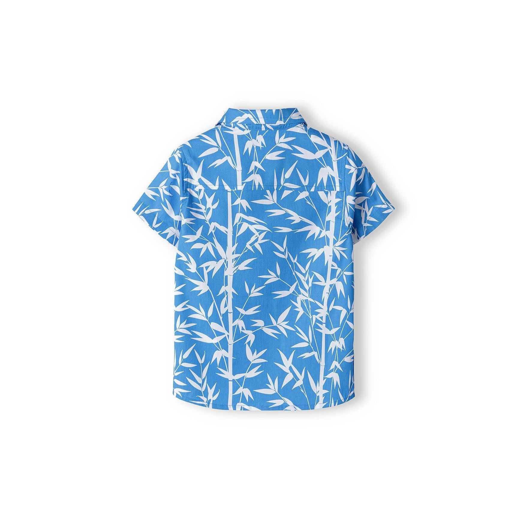 Back view of the blue bamboo print shirt displayed flat showing the all-over pattern and short sleeve construction