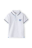 Boys polo shirt with contrast tipping white 3-14y featuring breathable pique fabric, blue and yellow tipping, and button-up placket.